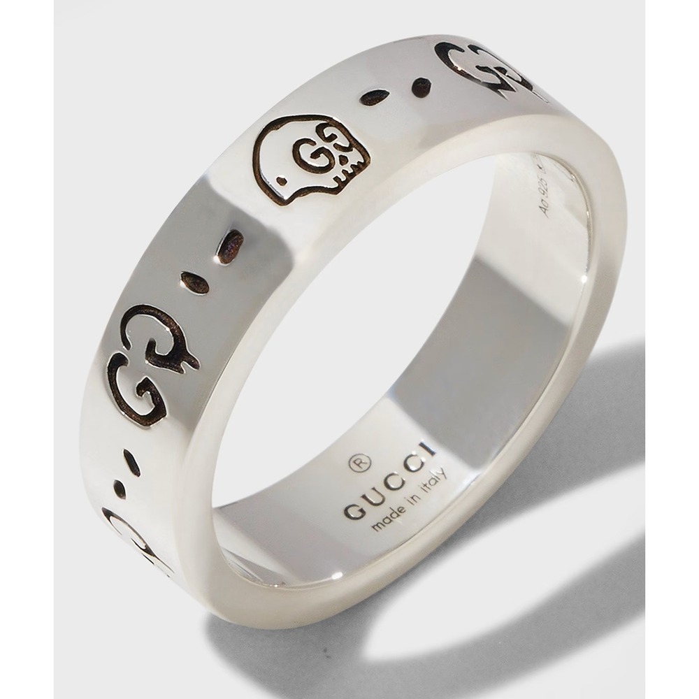 Gucci Ghost Ring Sterling Silver 6mm GG Skull Graffiti Band 477339 Size 16 IT